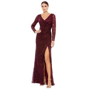 MAC DUGGAL Long Sleeve Sequined Lace Ruched  Gown Garnet size 16 NWT